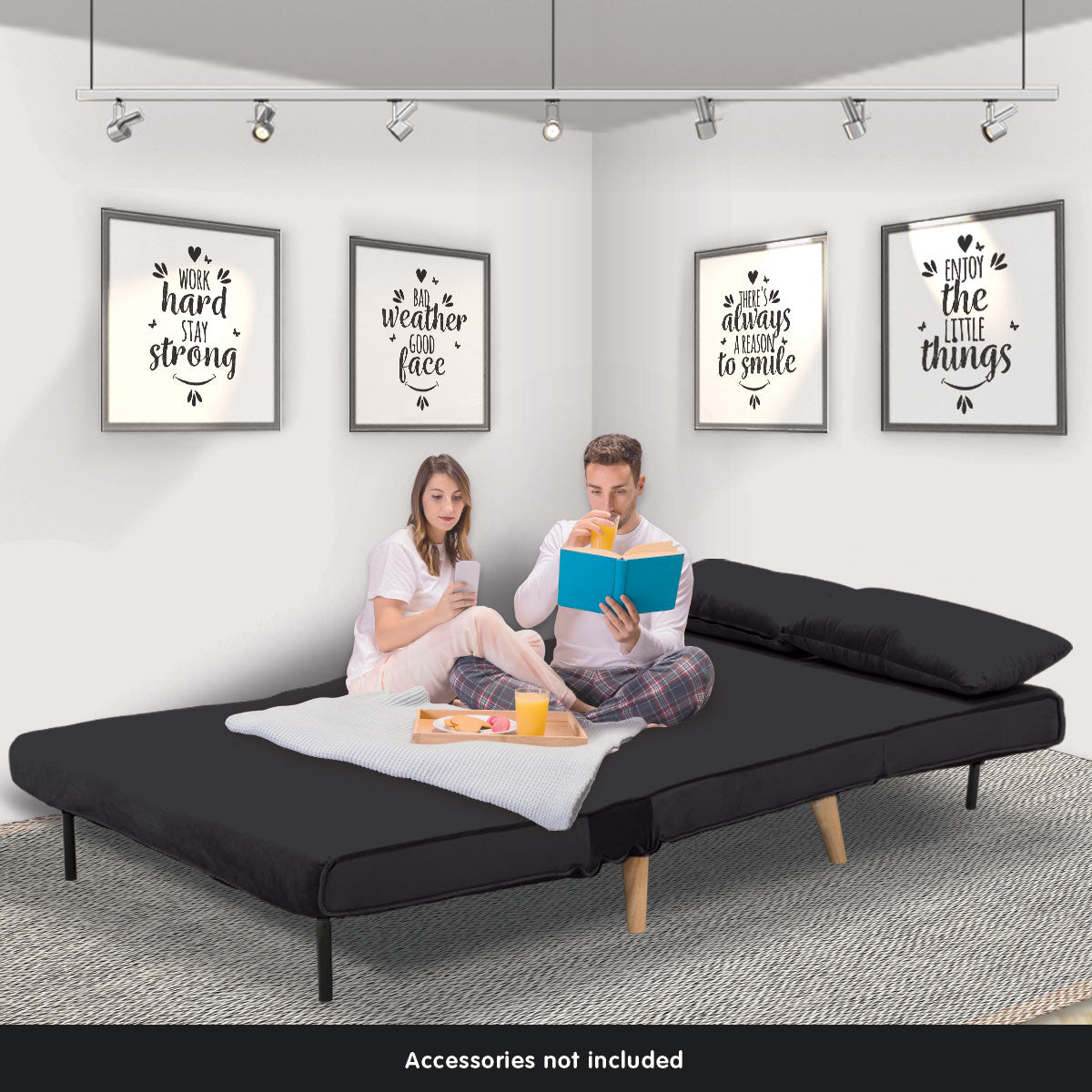 2-Seater Adjustable Sofa Bed Lounge Faux Velvet - Black