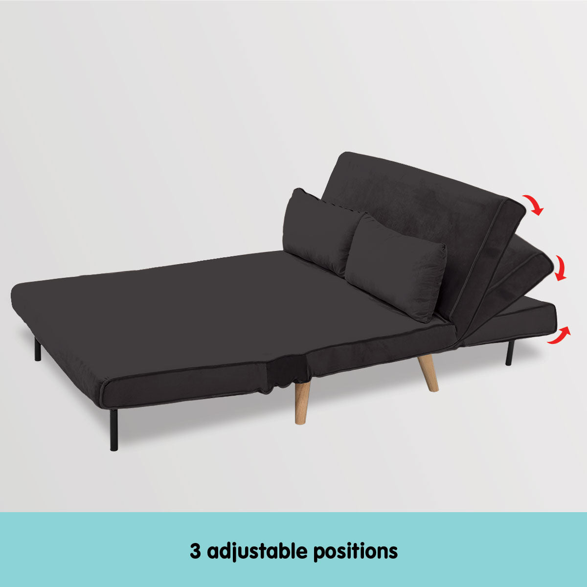 2-Seater Adjustable Sofa Bed Lounge Faux Velvet - Black