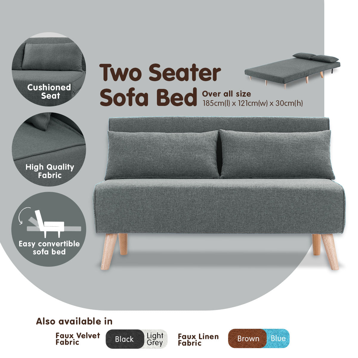 2-Seater Adjustable Sofa Bed Lounge Faux Linen - Dark Grey