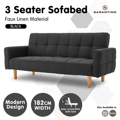 3-Seater Fabric Sofa Bed Futon - Black