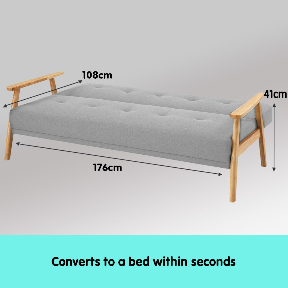 Three Seater Linen Fabric Sofa Bed Lounge Couch Futon - Light Grey