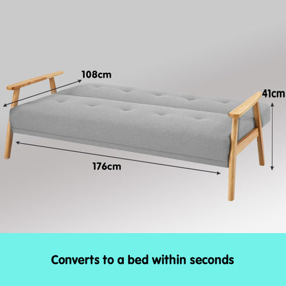 Three Seater Linen Fabric Sofa Bed Lounge Couch Futon - Light Grey