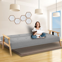 Three Seater Linen Fabric Sofa Bed Lounge Couch Futon - Light Grey