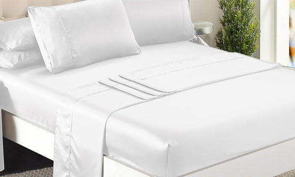  Ultra Soft Silky Satin Bed Sheet Set in Queen Size in White Colour