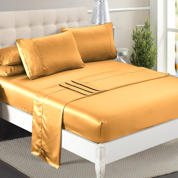  Ultra Soft Silky Satin Bed Sheet Set in Double Size in Gold Colour