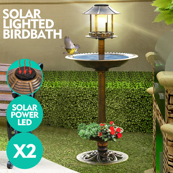  2x Ornamental  Garden Decor Bird Bath Feeding Station Food Feeder Solar Light