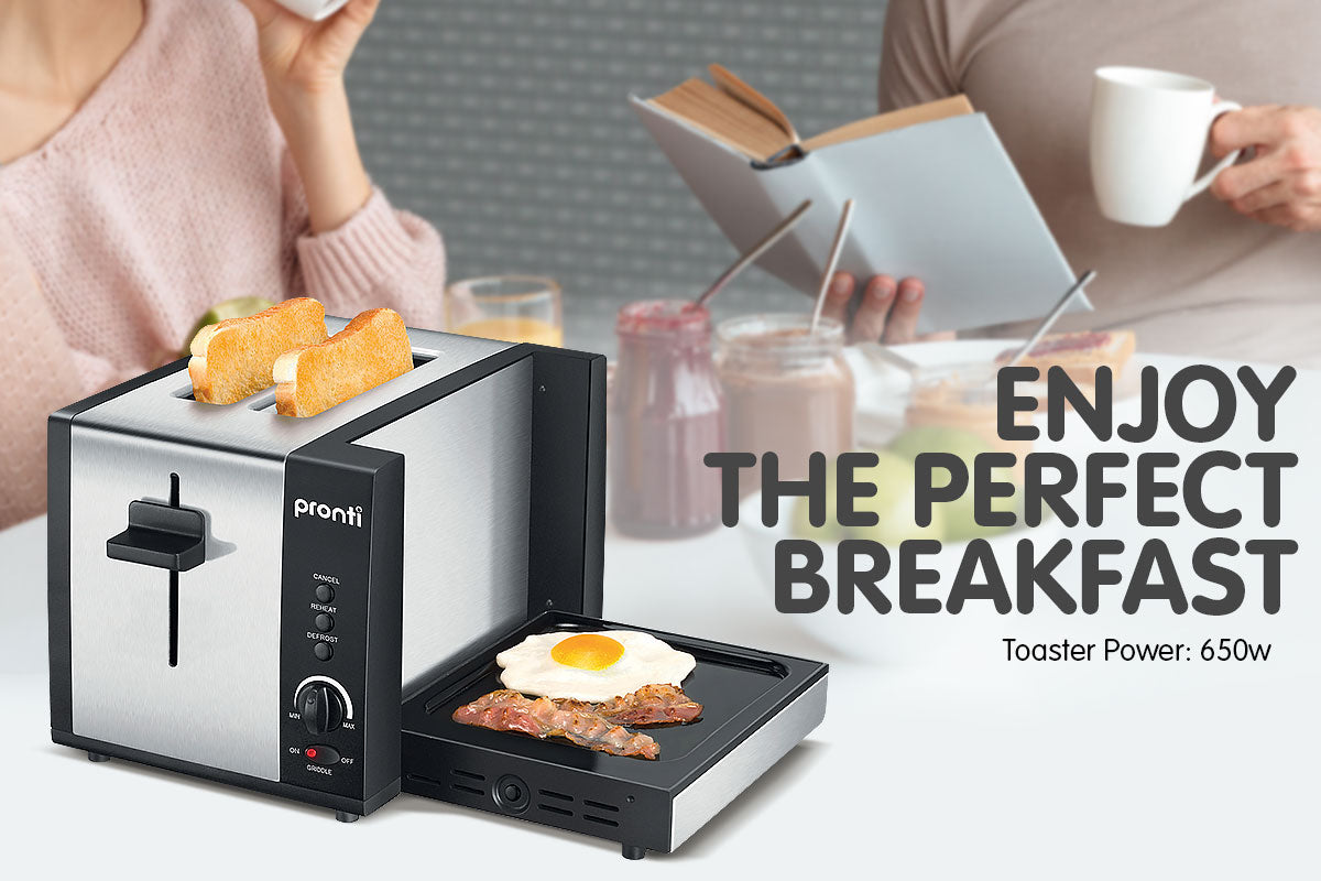 Pronti 3-in-1 Toaster Griddle Hot Plate Electric 2 Slices Grill