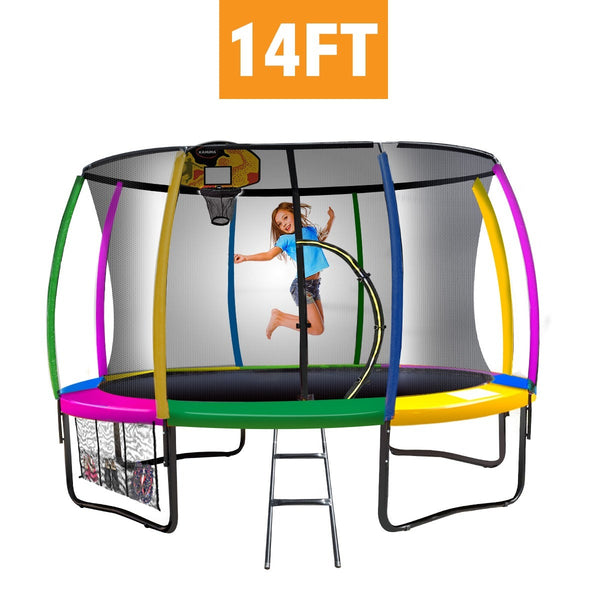  Kahuna Trampoline 14 ft with Basketball Set - Rainbow