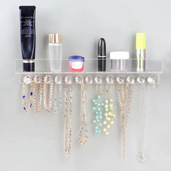 Wall-Mounted Jewelry Organizer with Display Shelf and 13 Hooks