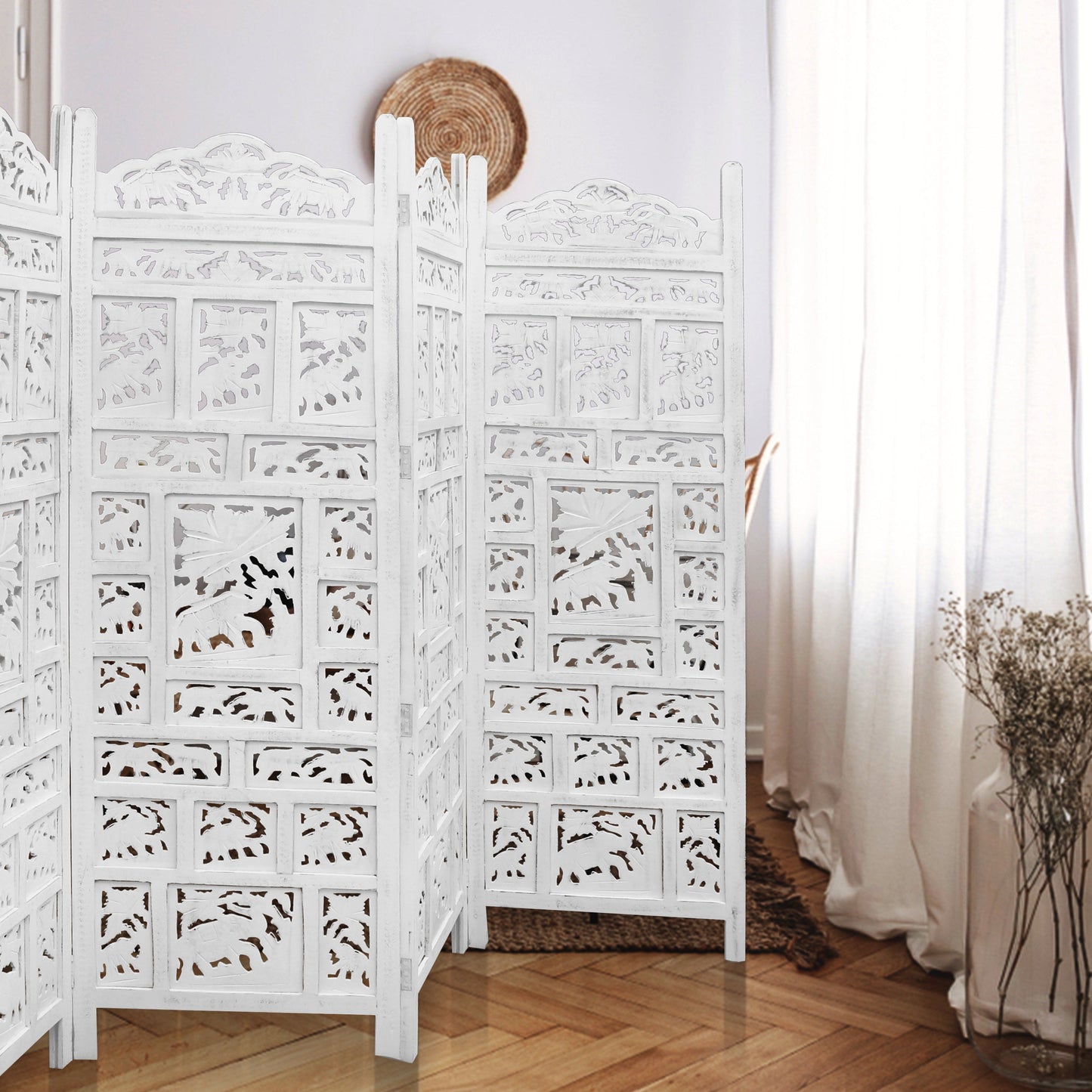 White Shoji Timber Wood Stand for Elephant 4 Panel Room Divider Screen