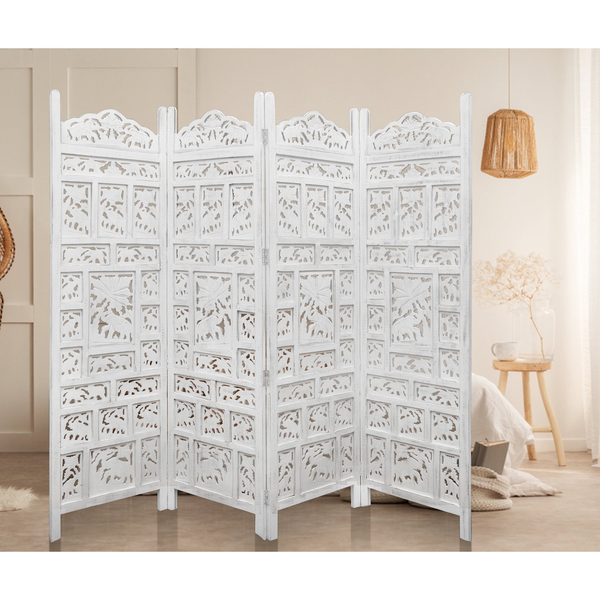 White Shoji Timber Wood Stand for Elephant 4 Panel Room Divider Screen