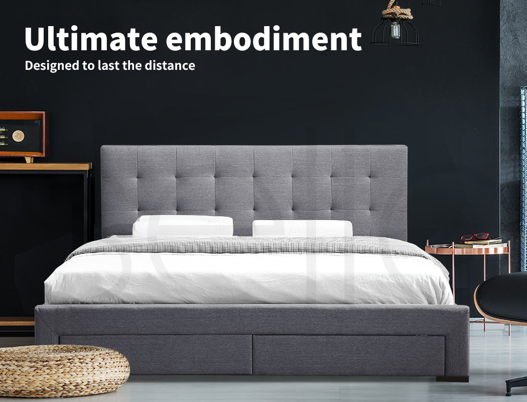 Premium fabric Double Bed Frame Base With Storage Drawer-Grey