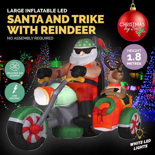  1.8m Santa Reindeer & Trike Built-In Blower LED Lighting
