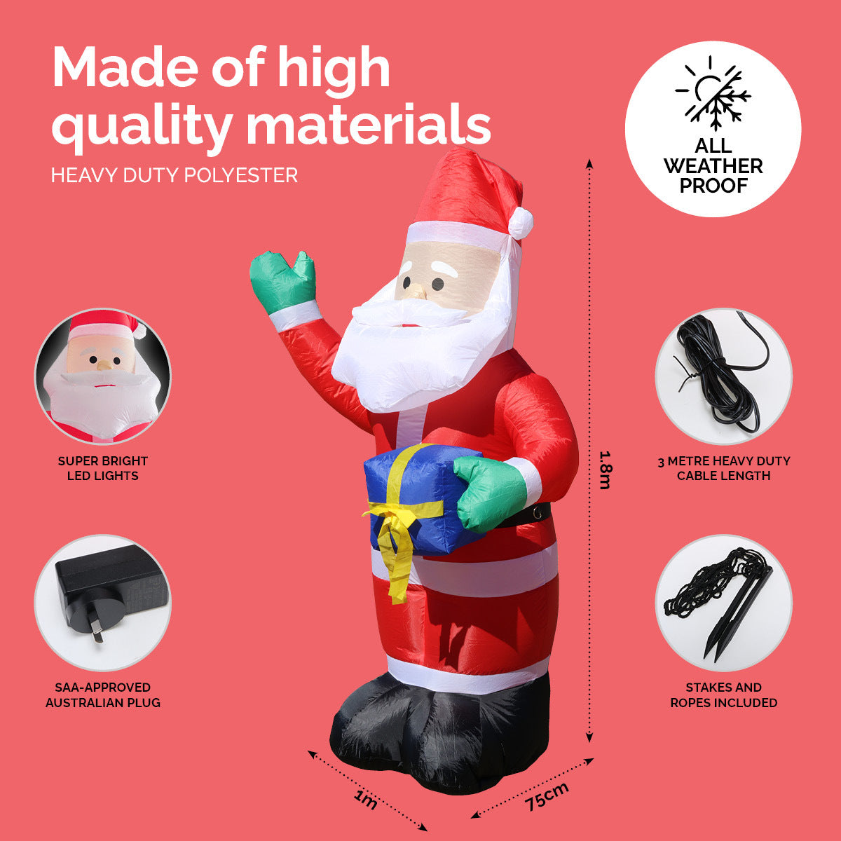 1.8m Self Inflatable LED Waving Santa & Gift Box